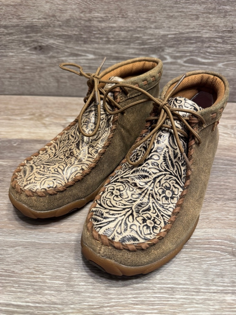 TWISTED X Boots Brown Tooled Leather Chukka Driving Moc Casual Shoe size 7